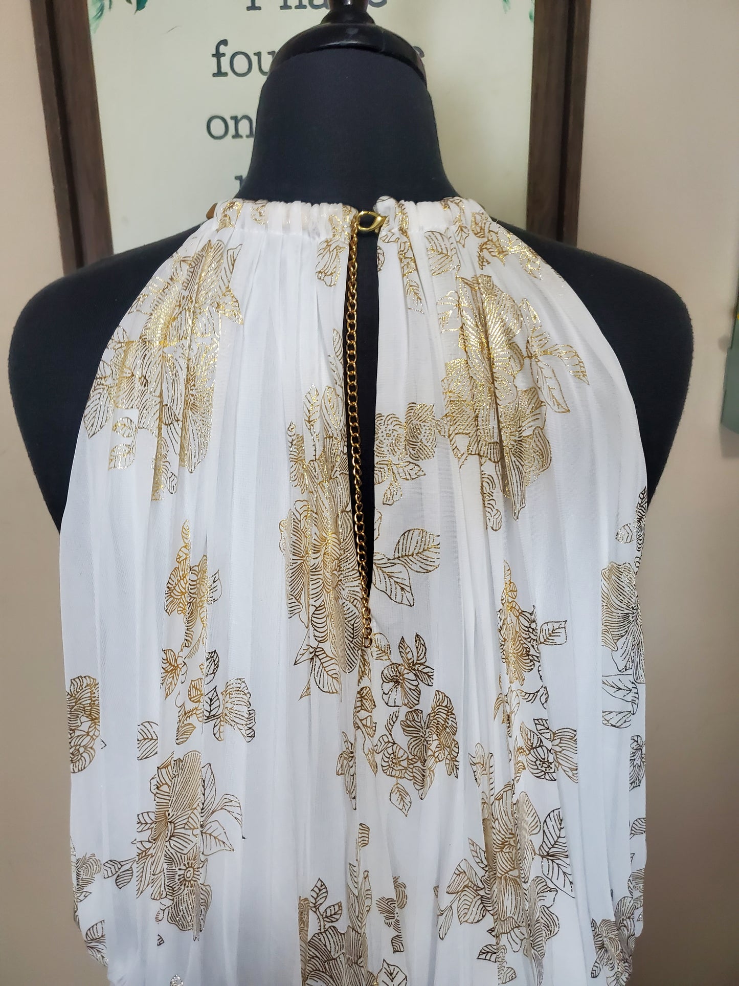 White and Metallic Gold Halter Dress
