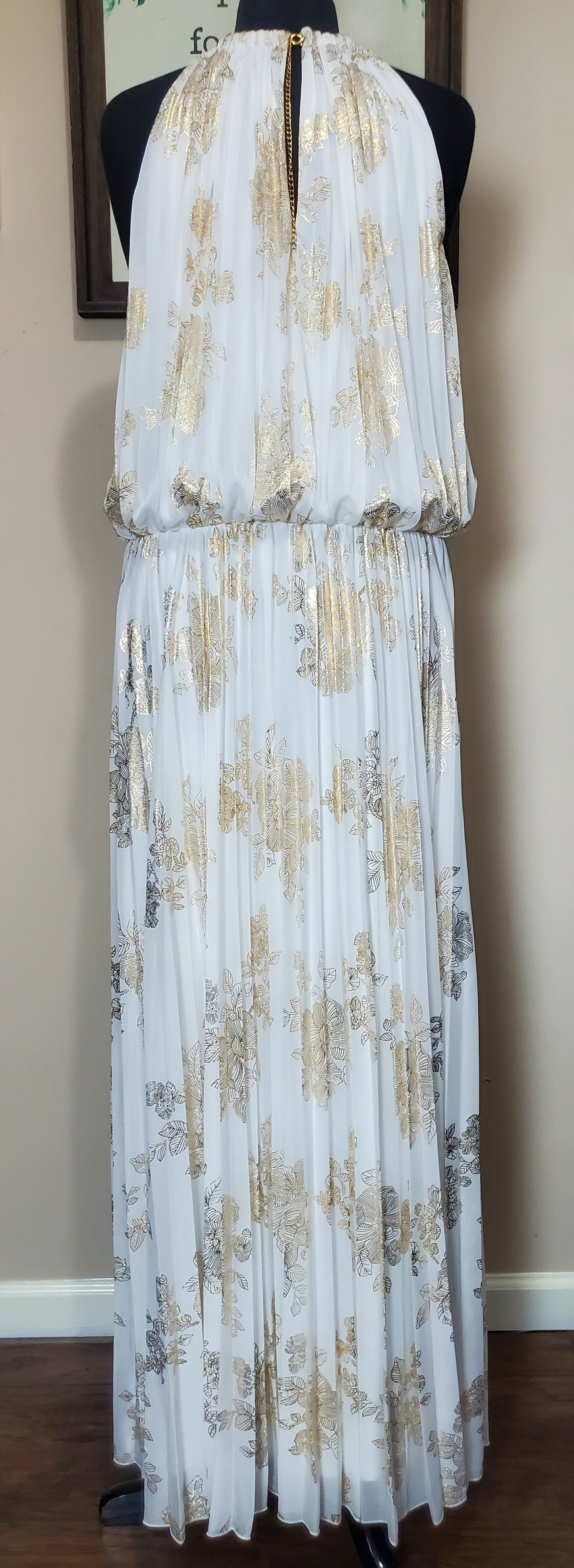 White and Metallic Gold Halter Dress