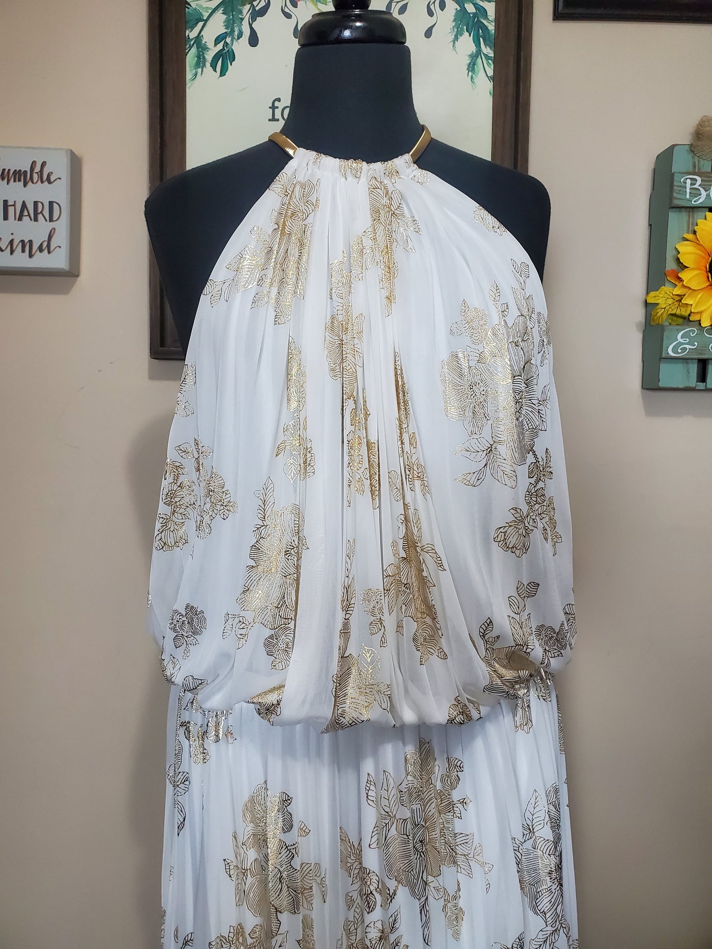 White and Metallic Gold Halter Dress